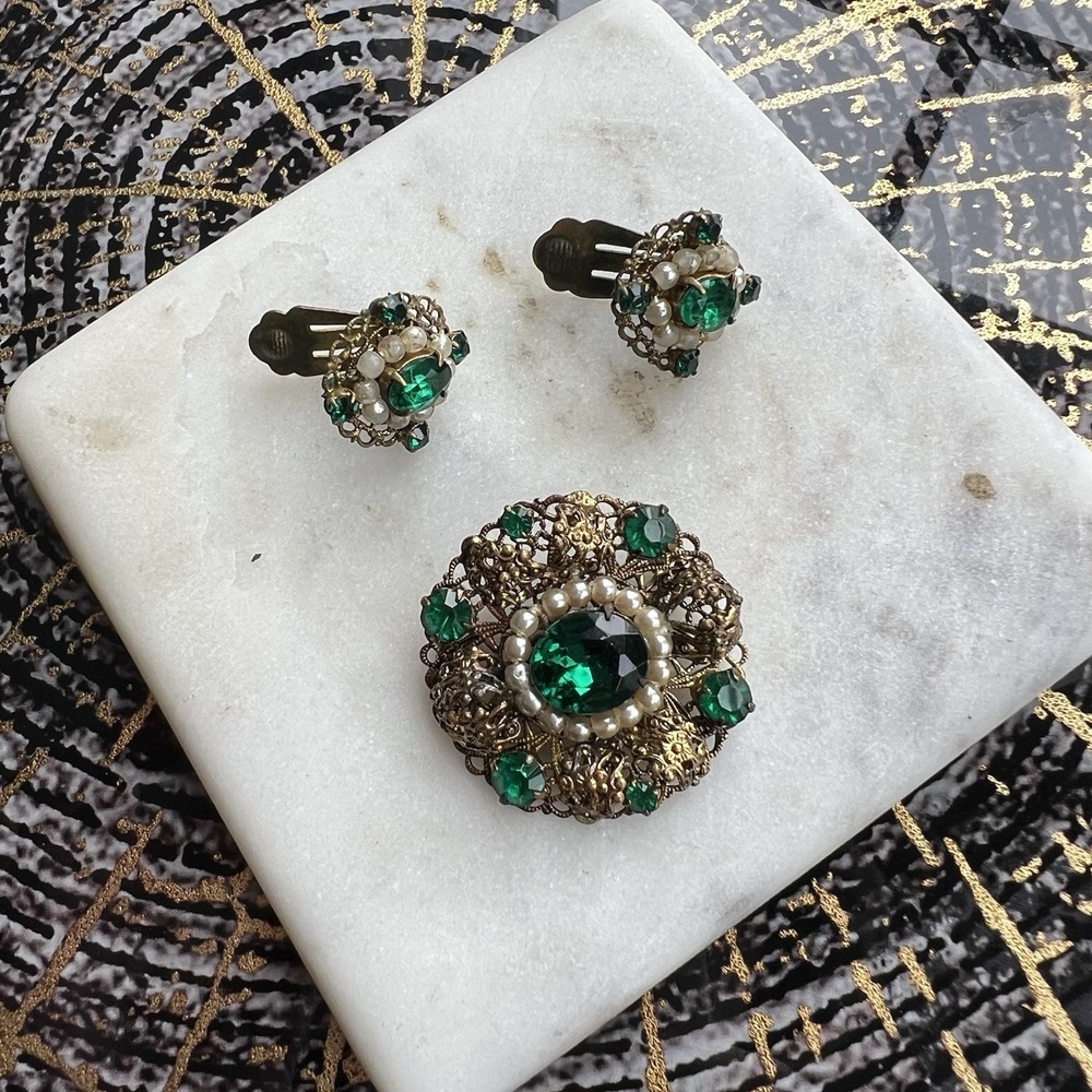Gorgeous Marked Antique Czech Glass Clip On Earring & Brooch Pendant Set RARE